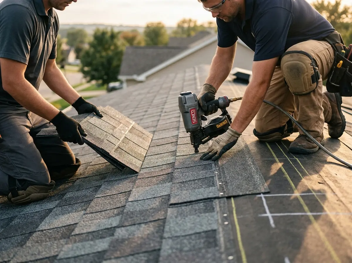 Professional roofer working on a residential roof in Blue Springs